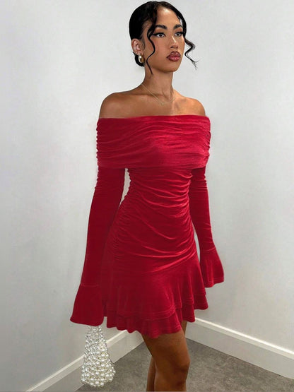Women's Off-Shoulder Flared Sleeve Fit & Flare Mini Dress
