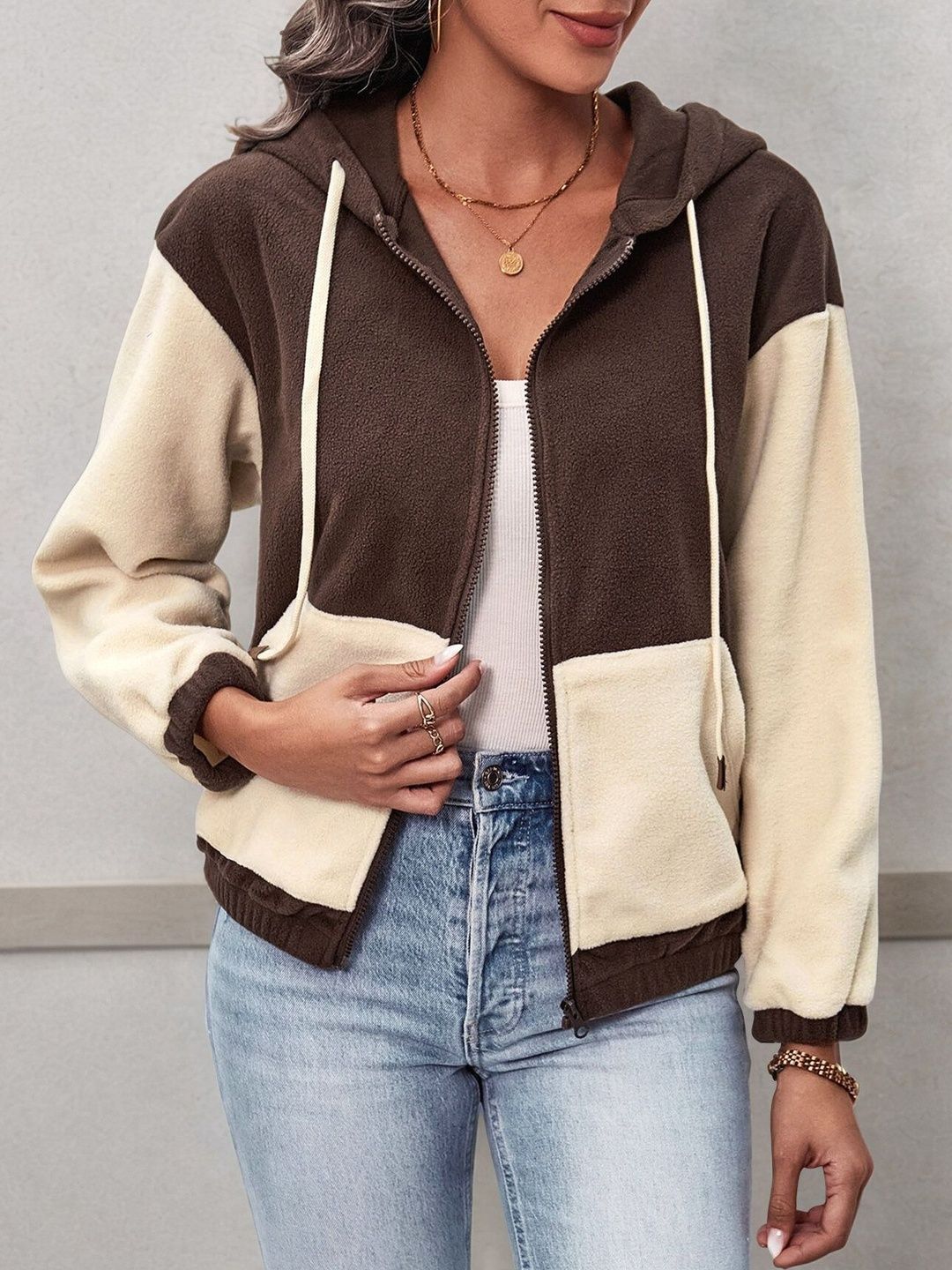 Women Colourblocked Fleece Bomber Jacket