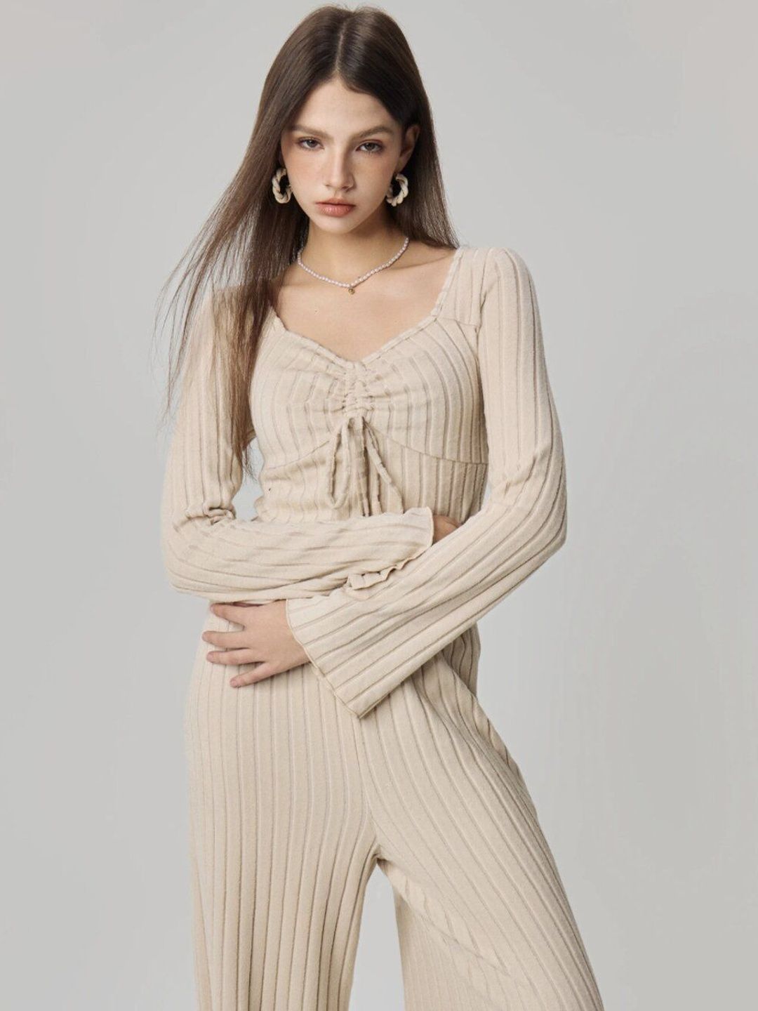 Beige Ribbed Knit Co-ords with V-Neck Top and Palazzos