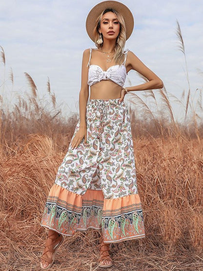 Printed Tiered Flared Cotton Skirts - Nowi Korean Fashion