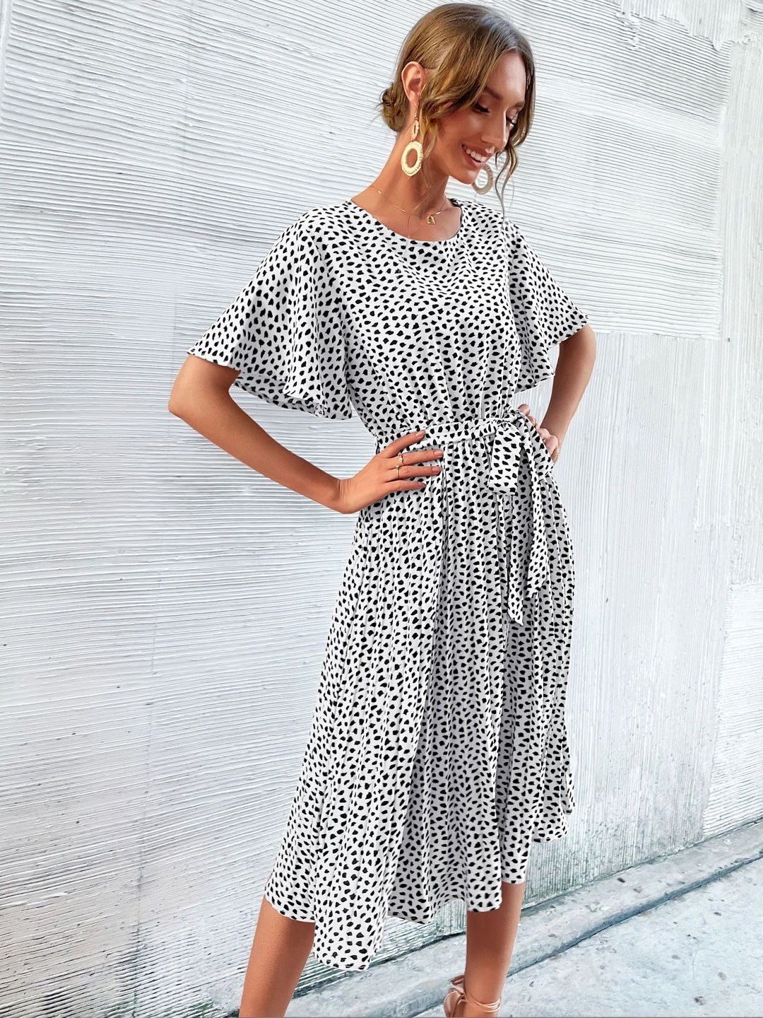Polka Dot Print Flutter Sleeve Fit & Flare Midi Dress