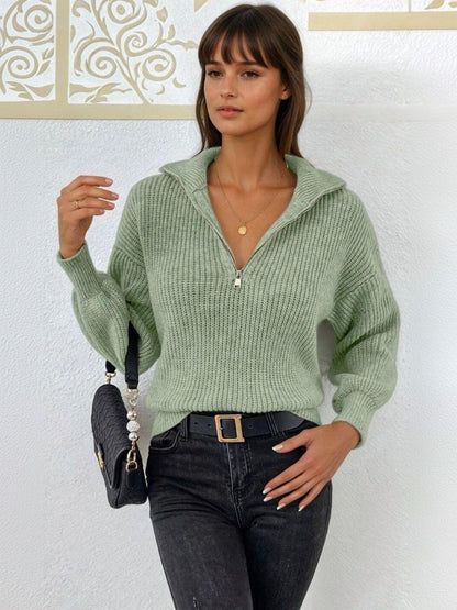 Ribbed Pullover in Green acrylic Long Sleeve - Nowi Korean Fashion