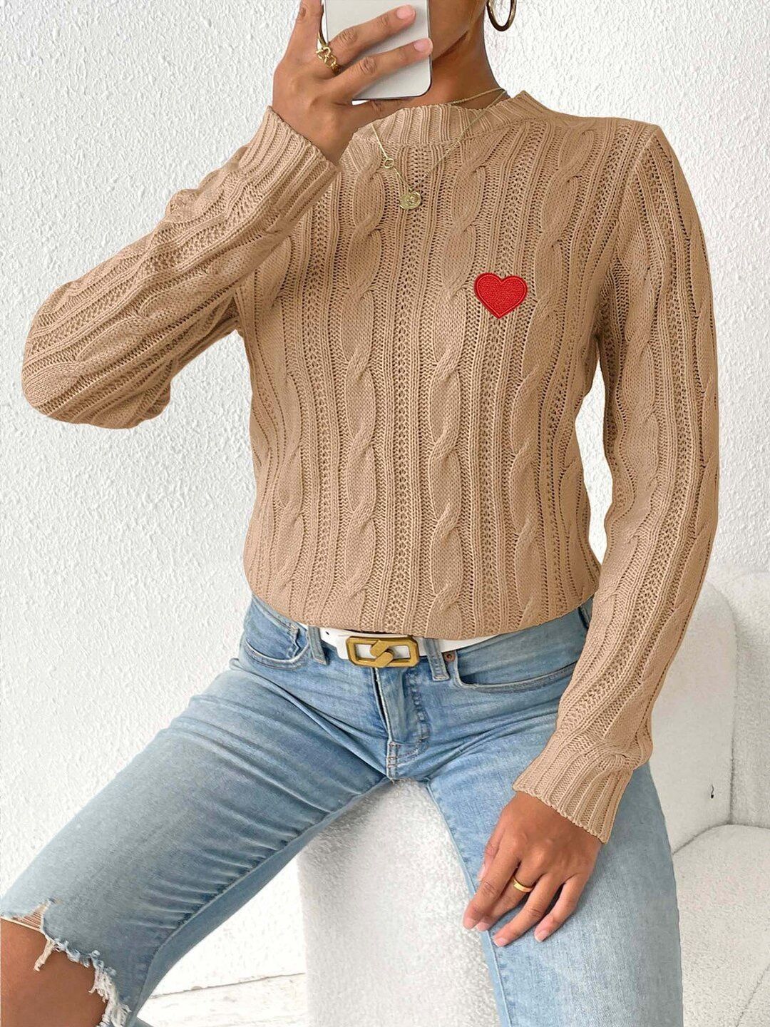 Women Cable Knit Pullover with Embroidered Detail