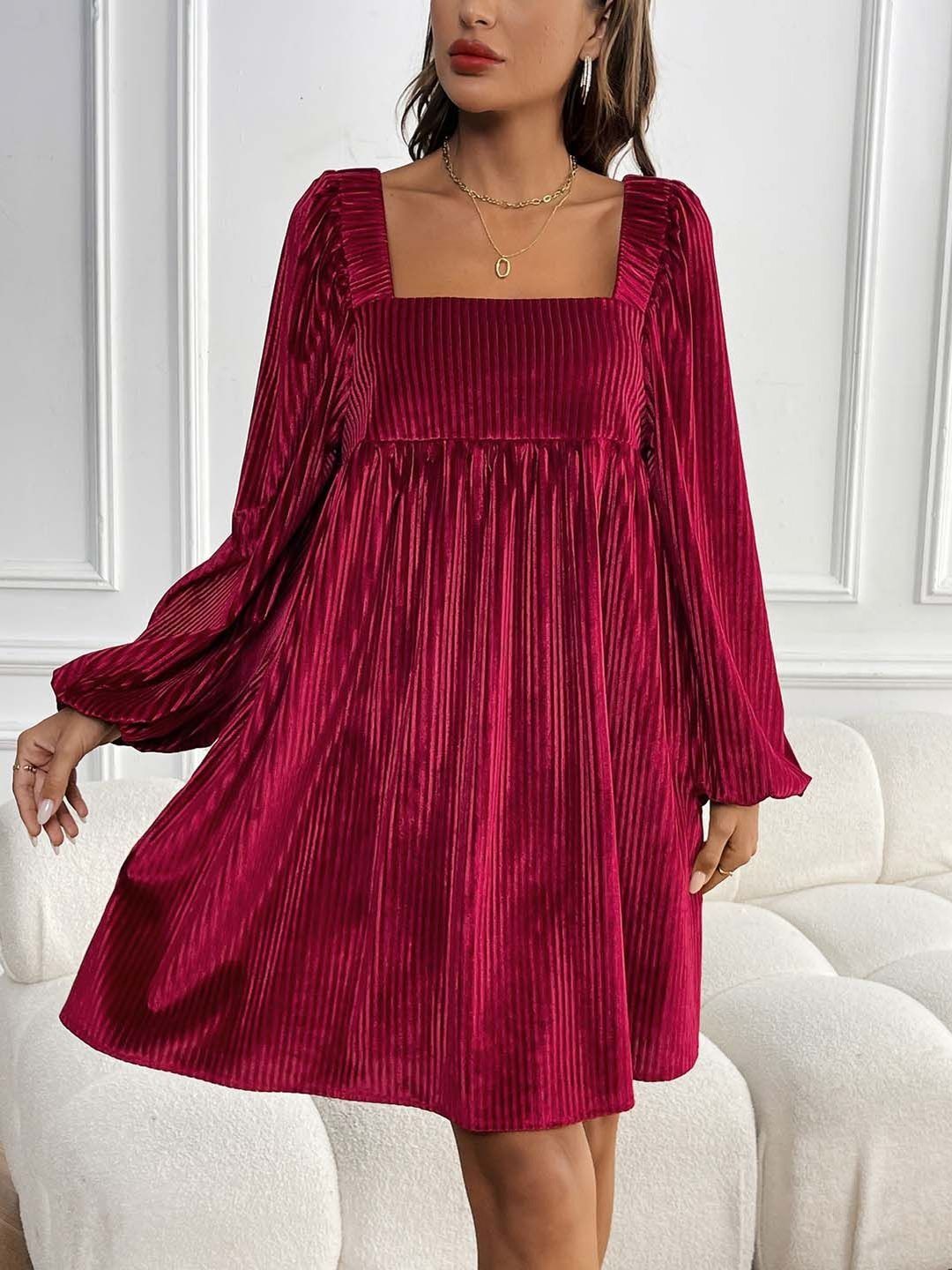 Puff Sleeve A-Line Dress in Red - Nowi Korean Fashion
