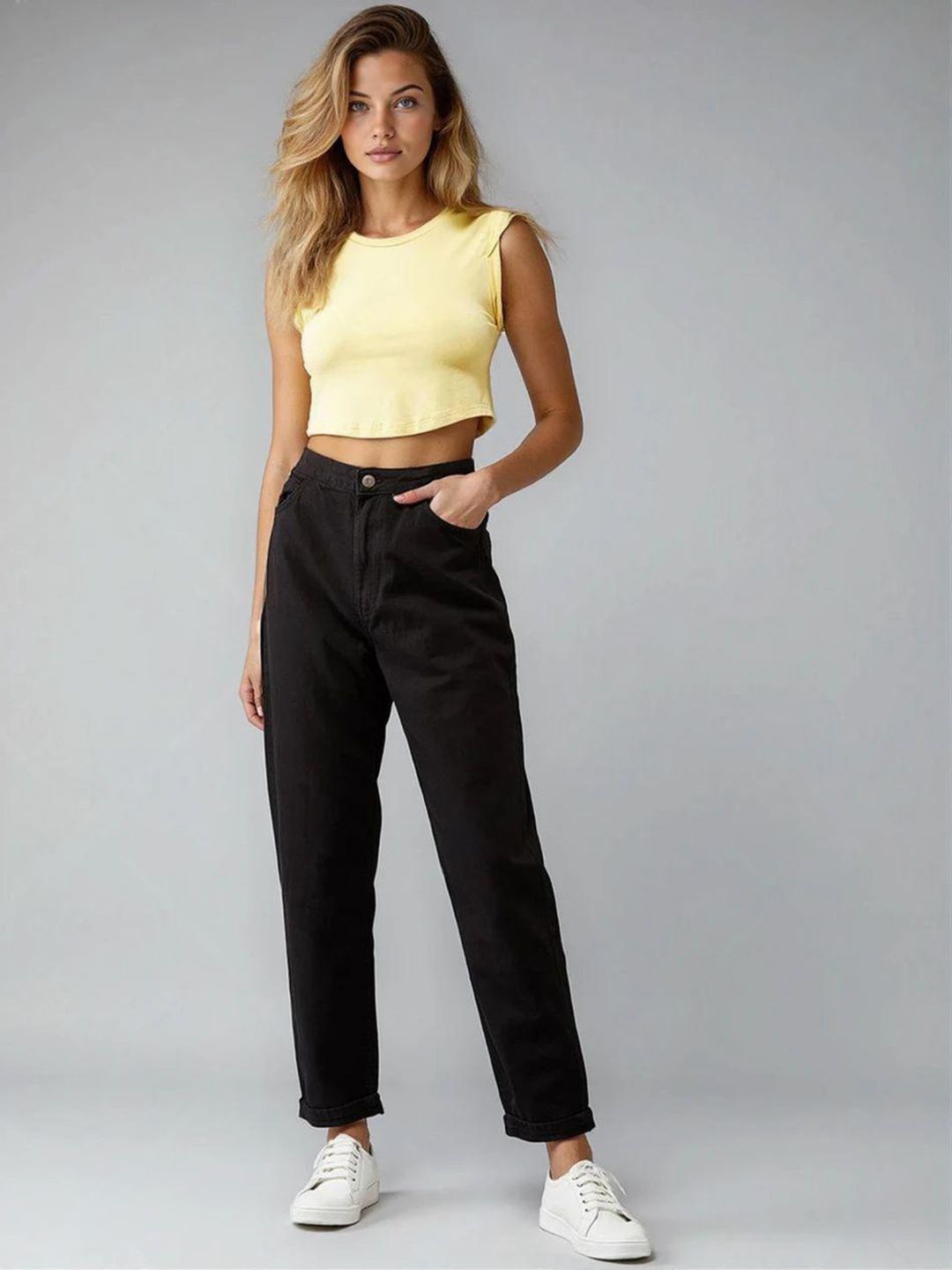 Mid-Rise Regular Fit Cotton Stretchable Jeans in Black - Nowi Korean Fashion