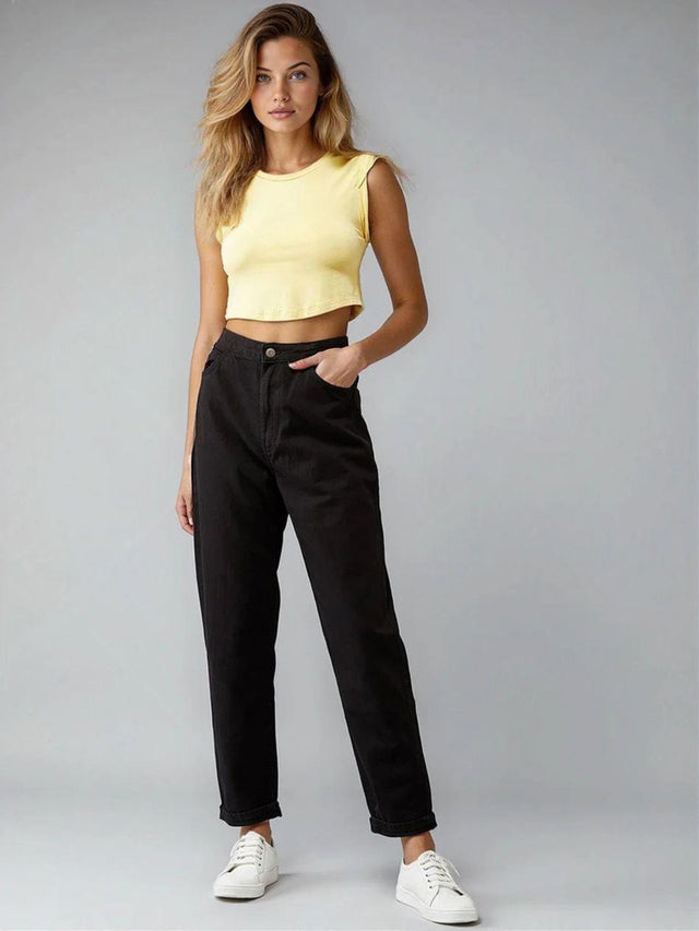 Mid-Rise Regular Fit Cotton Stretchable Jeans in Black - Nowi Korean Fashion