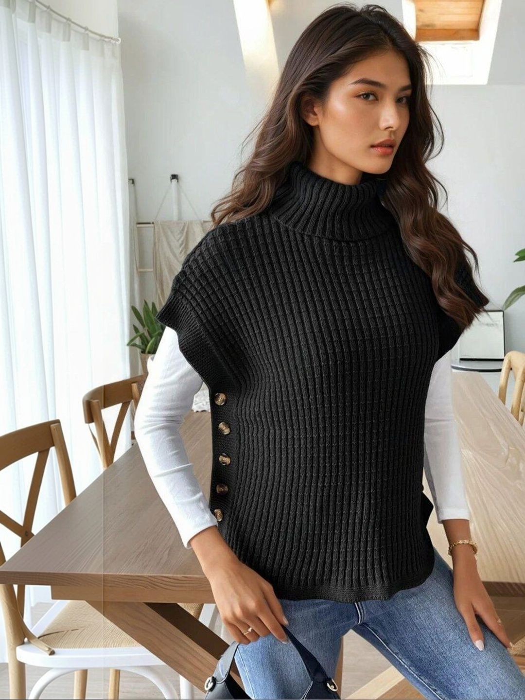 Ribbed Pullover in Black acrylic Sleeveless - Nowi Korean Fashion