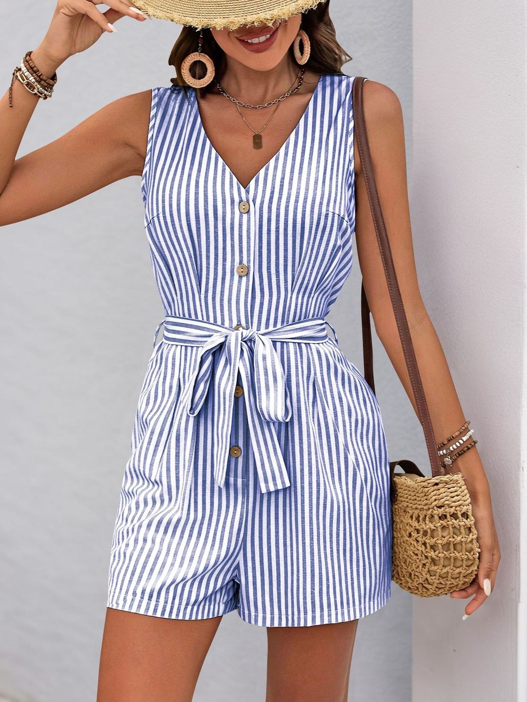 Striped Basic Jumpsuit in Blue cotton - Nowi Korean Fashion
