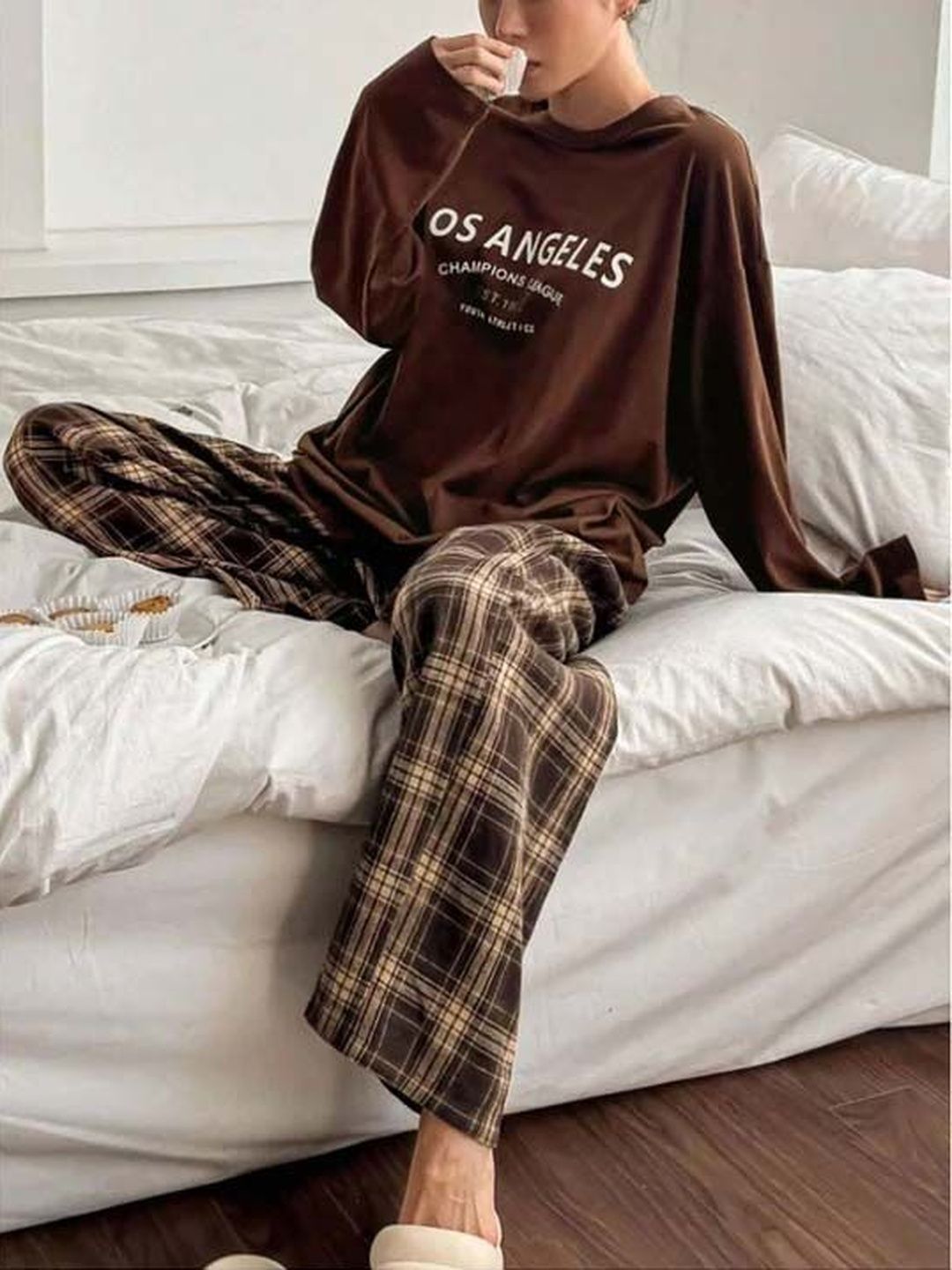 Brown Solid Top with Checked Trousers