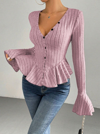 Bell Sleeve Ruffles Cotton Peplum Top in Pink - Nowi Korean Fashion