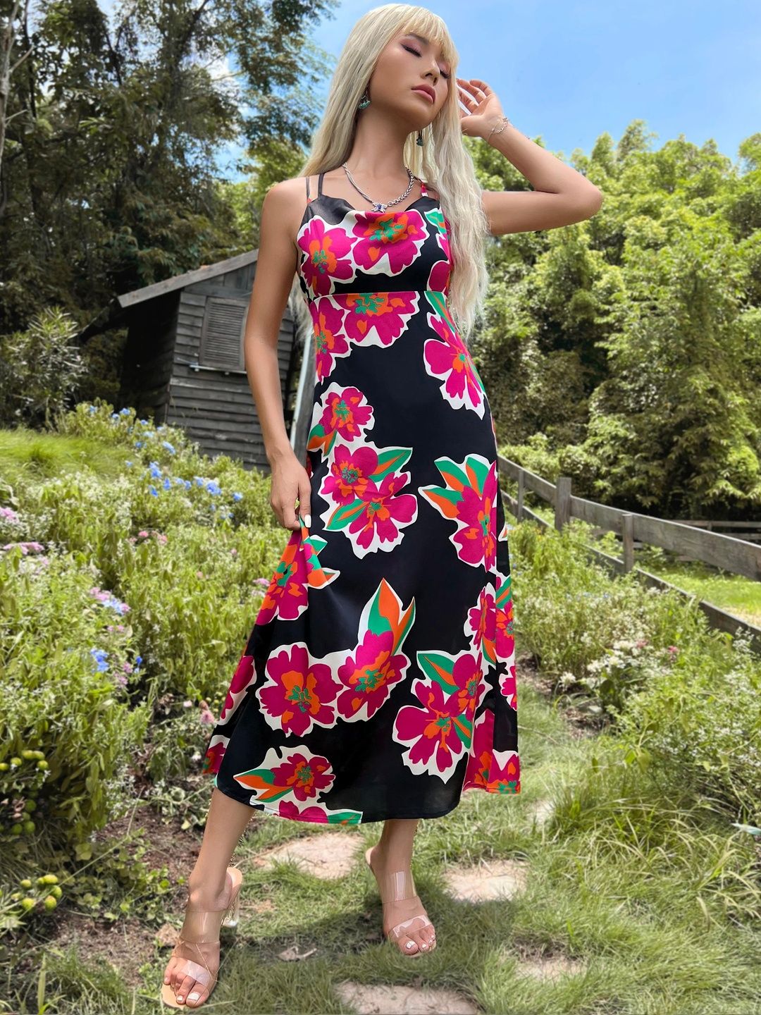 Floral Print Cowl Neck Sheath Midi Dress in Black polyester - Nowi Korean Fashion