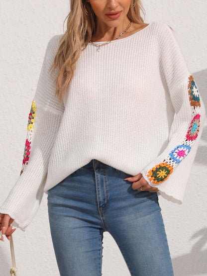 Women Colourblocked Ribbed Pullover with Embroidered Detail