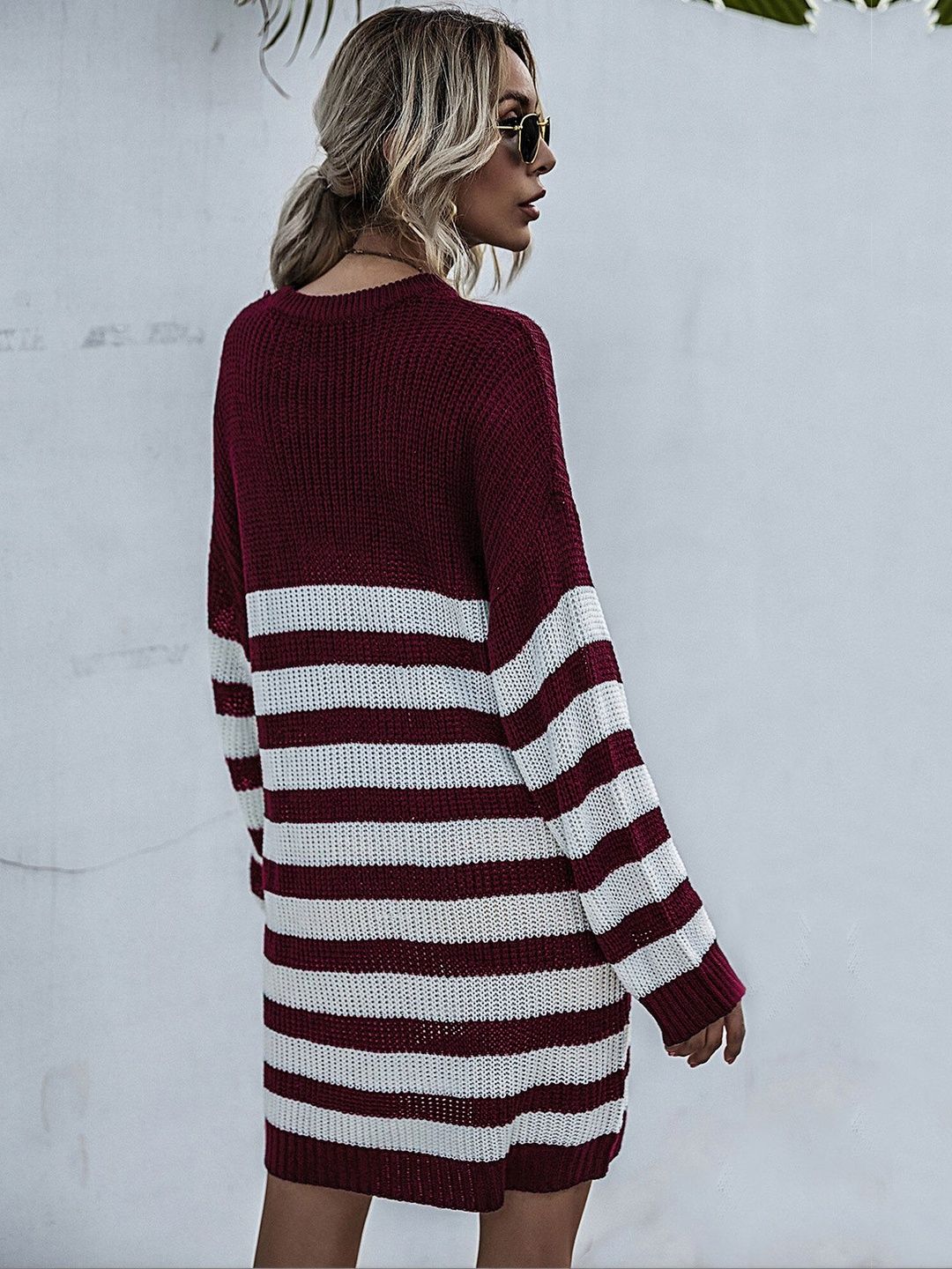 Women's Maroon Striped Pullover Blend Regular Fit