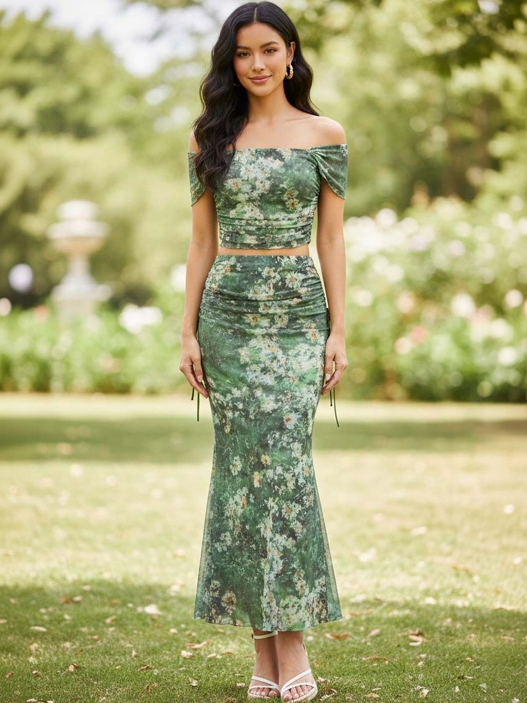 Floral Printed Top with Skirt in Green - Nowi Korean Fashion