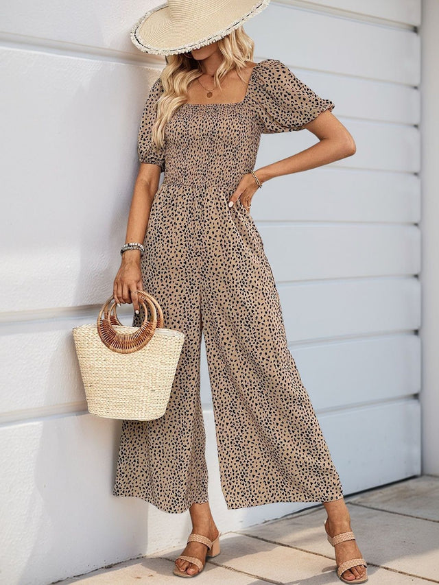 Printed Basic Jumpsuit with Ruffles in Brown cotton - Nowi Korean Fashion