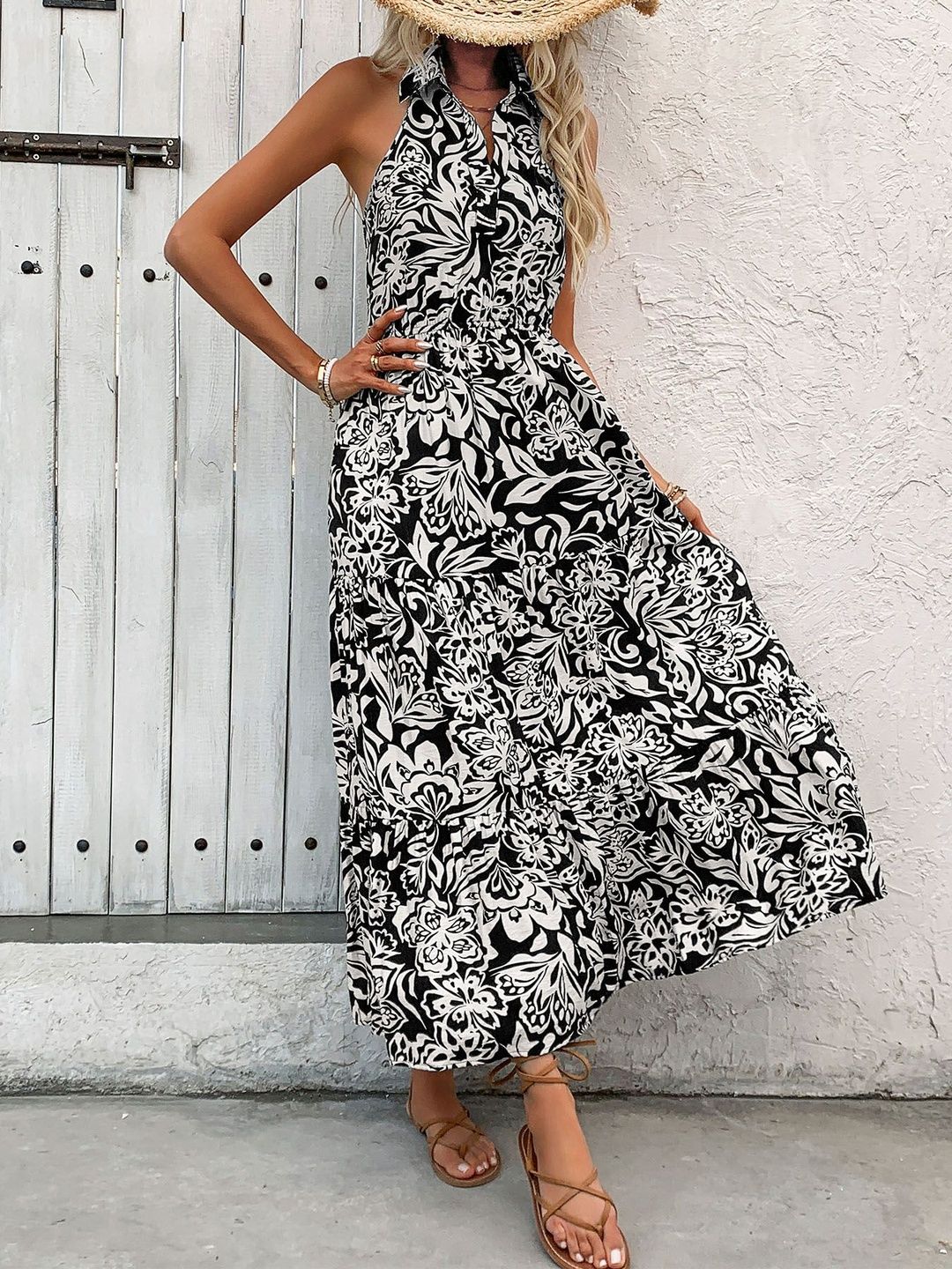 Floral Print Halter Neck A-Line Maxi Dress in Black cotton - Nowi Korean Fashion