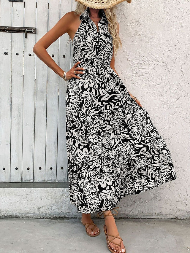 Floral Print Halter Neck A-Line Maxi Dress in Black cotton - Nowi Korean Fashion