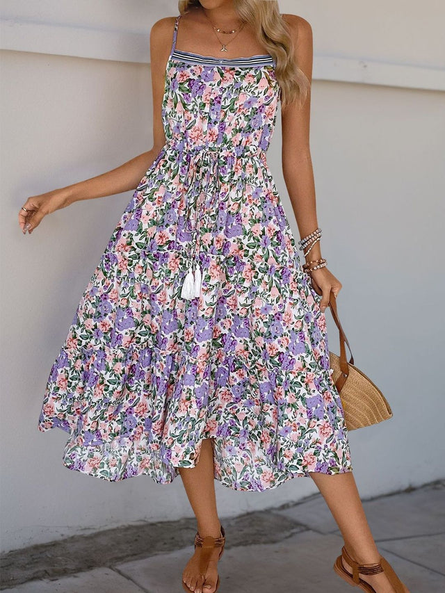 Floral Print Maxi Midi Dress - Nowi Korean Fashion