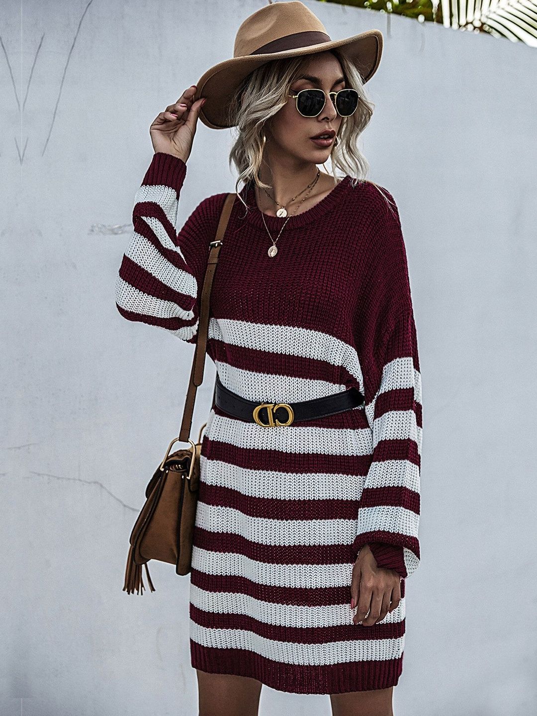 Women's Maroon Striped Pullover Blend Regular Fit