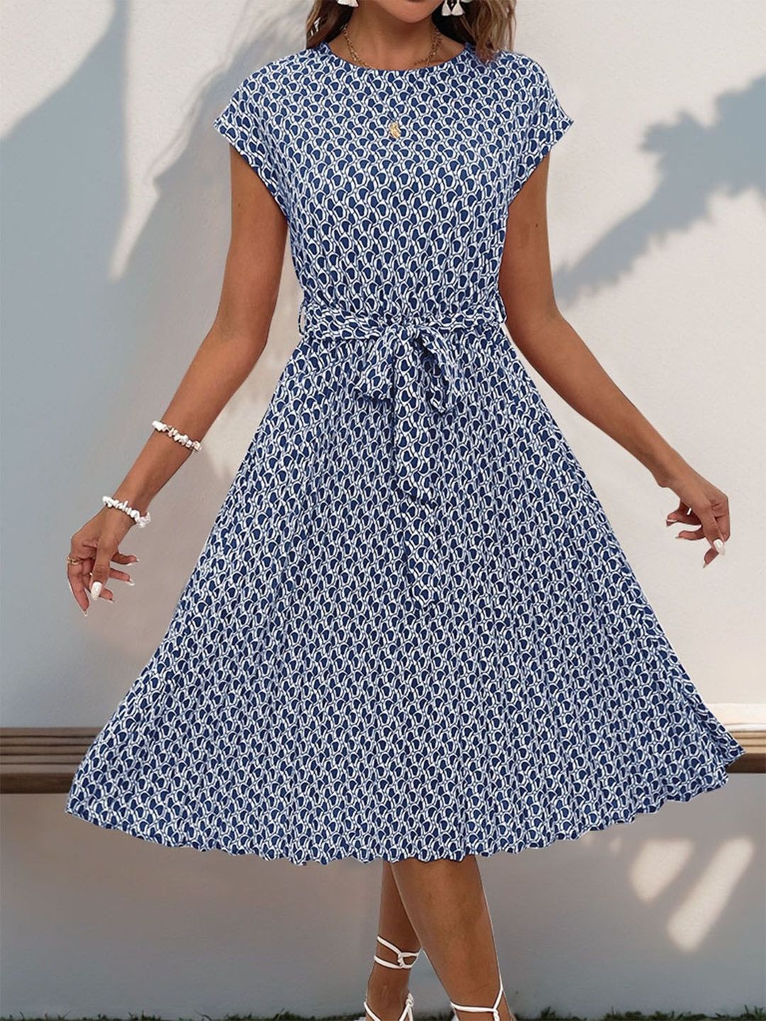 Print Fit & Flare Dress in Blue cotton Printed - Nowi Korean Fashion