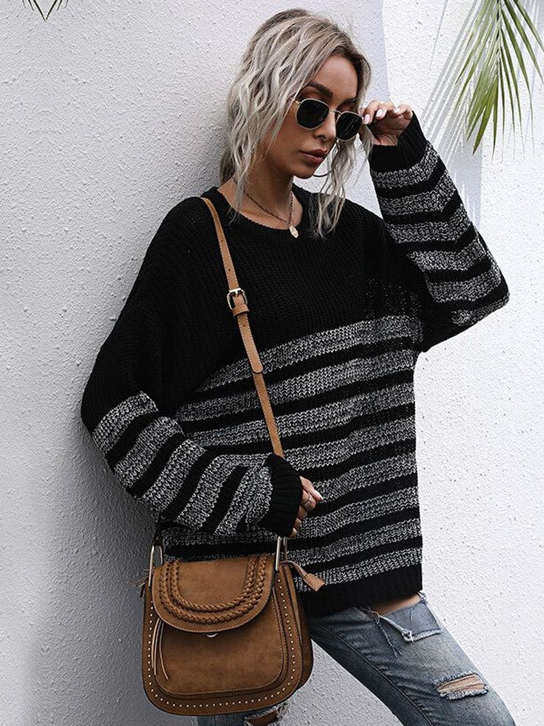 Women's Black Striped Pullover Blend Regular Fit
