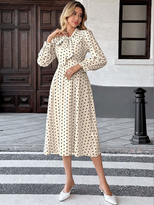 NOWI Polka Dot Print Tie-Up Neck Fit & Flare Midi Dress - Nowi Korean Fashion