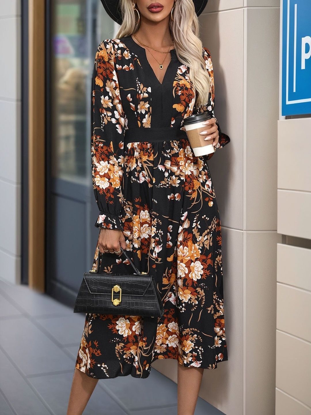Women's Black Floral Print Fit & Flare Midi Dress Blend