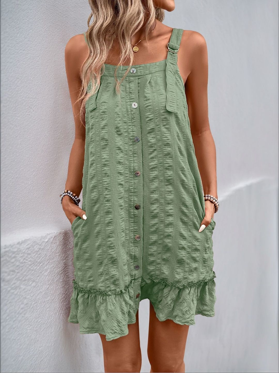 Ruffled A-Line Mini Dress in Green cotton - Nowi Korean Fashion