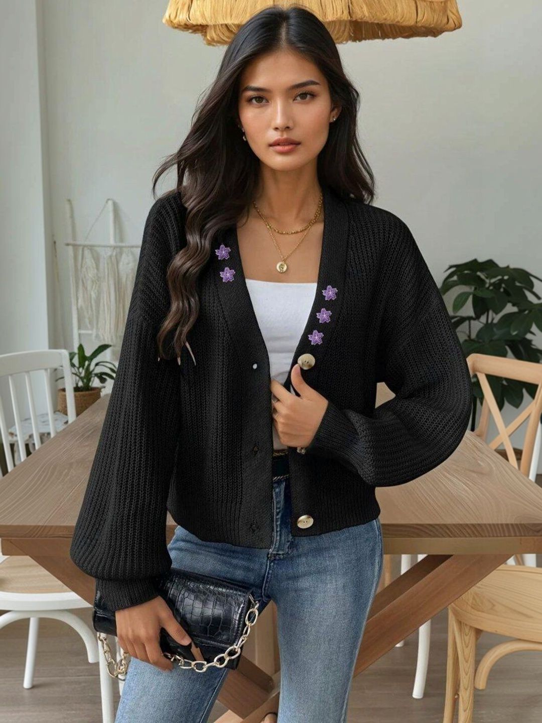 Ribbed Cardigan in Black acrylic - Nowi Korean Fashion
