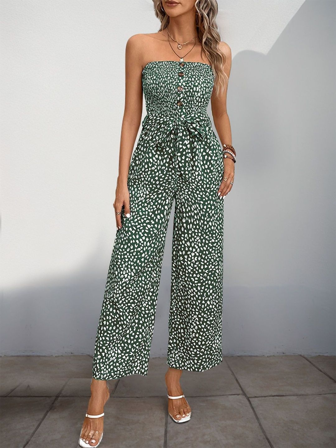 Strapless Printed Basic Jumpsuit in Green cotton - Nowi Korean Fashion