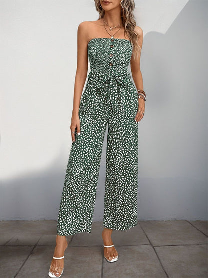 Strapless Printed Basic Jumpsuit in Green cotton - Nowi Korean Fashion