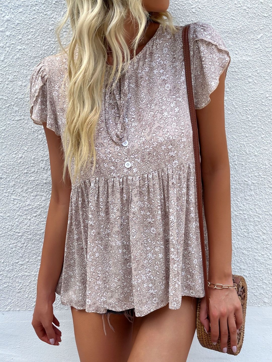 Floral Print Cotton Top in Beige - Nowi Korean Fashion