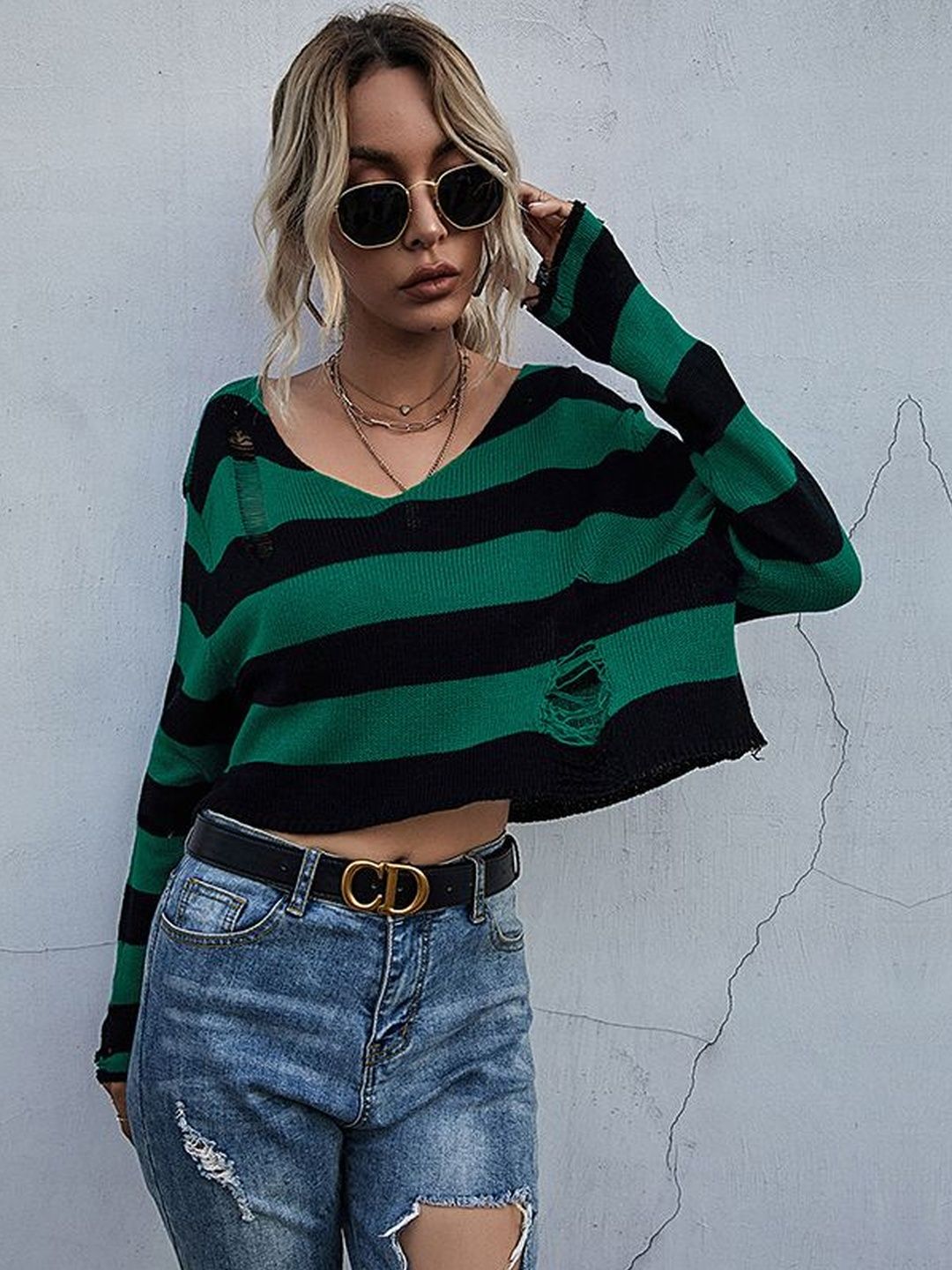 Women's Green Striped Crop Pullover With Fuzzy Detail