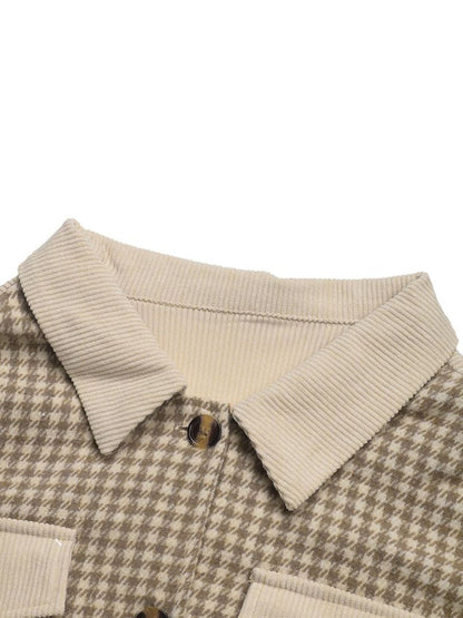 Women's Beige Geometric Checked Corduroy Denim Jacket