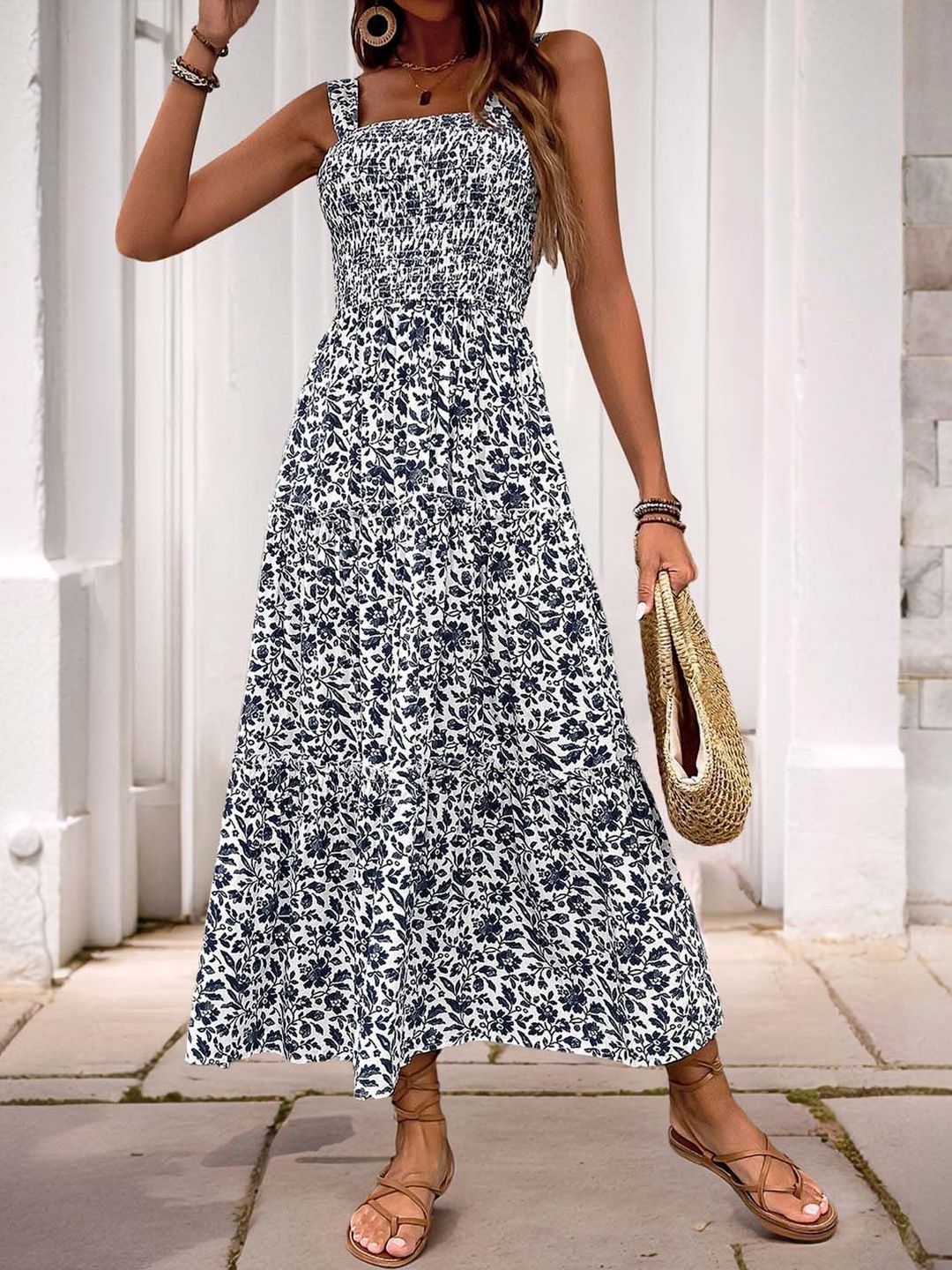 Floral Print A-Line Midi Dress in White Sleeveless - Nowi Korean Fashion