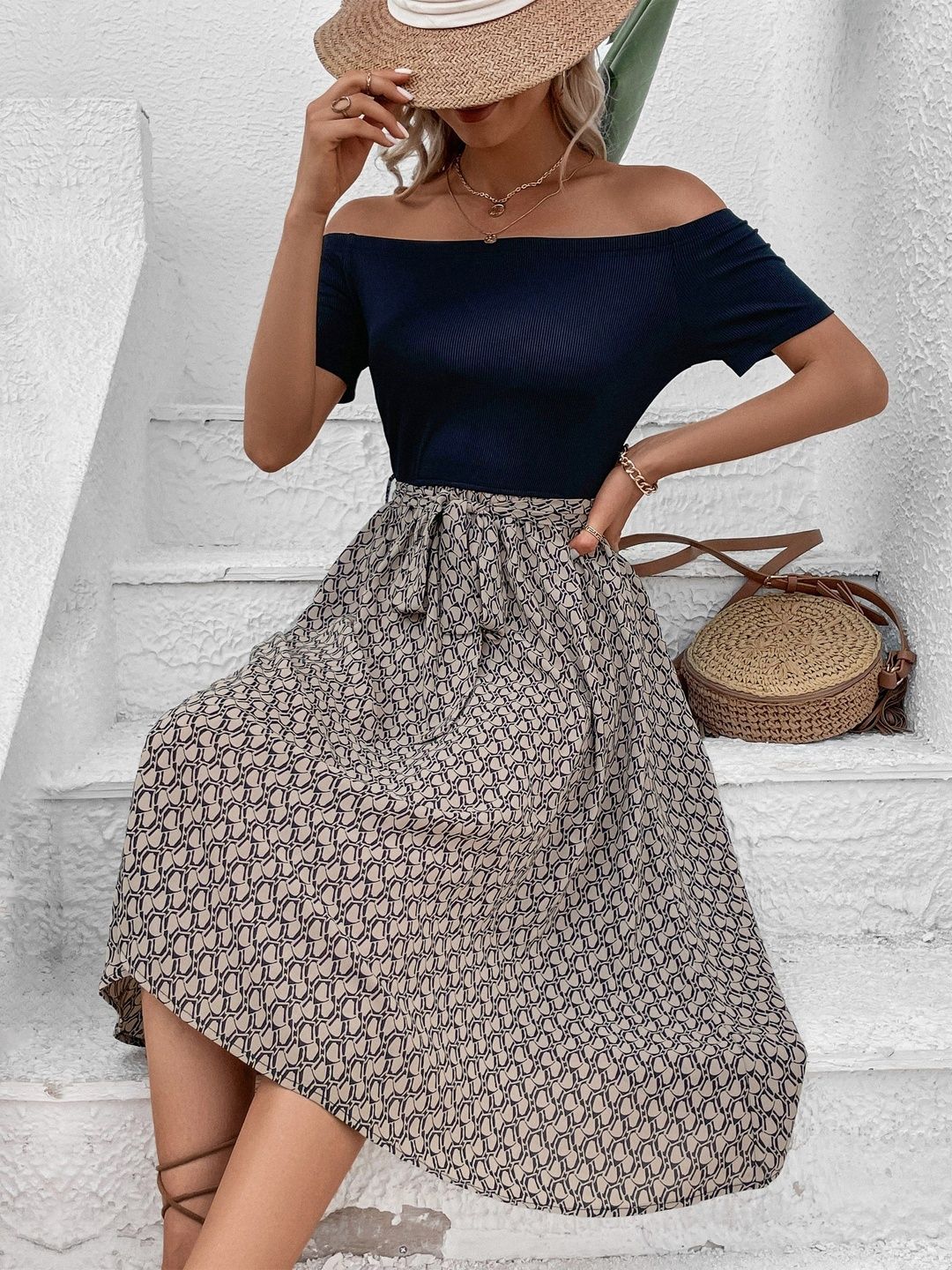 Print Off-Shoulder A-Line Midi Dress