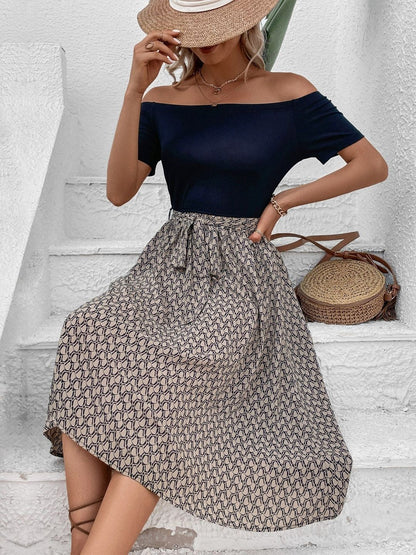 Print Off-Shoulder A-Line Midi Dress