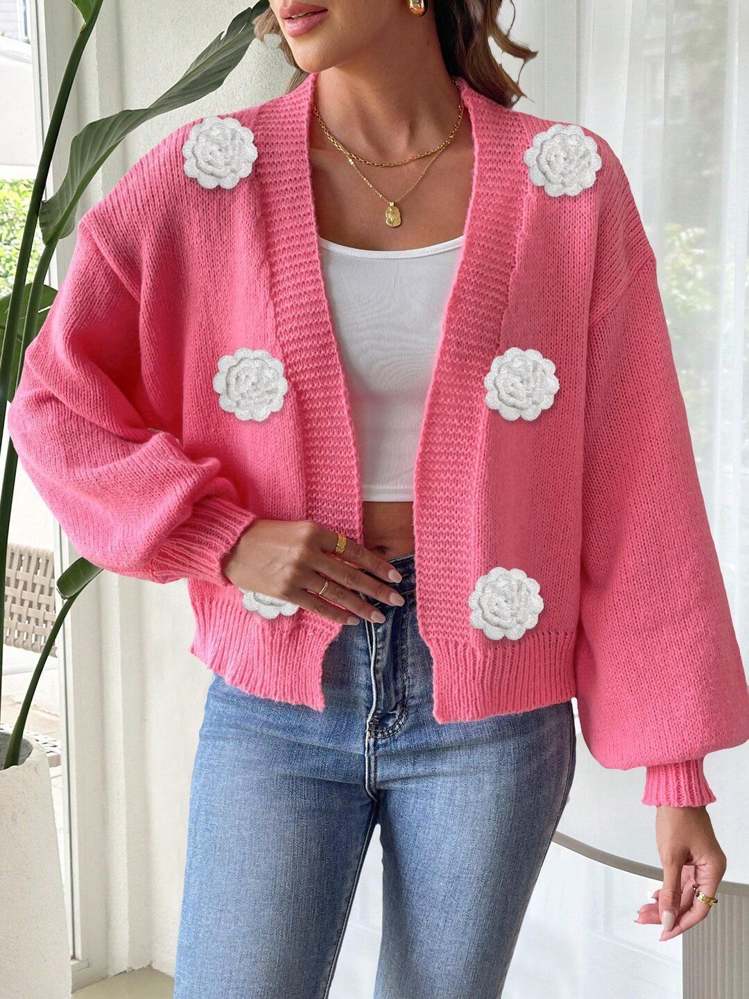 Cardigan with Applique Detail in Pink acrylic Style 753 - Nowi Korean Fashion