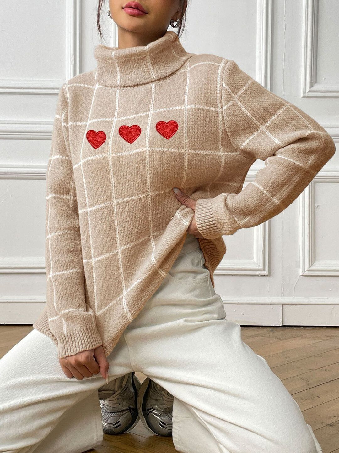 Women Checked Pullover with Embroidered Detail