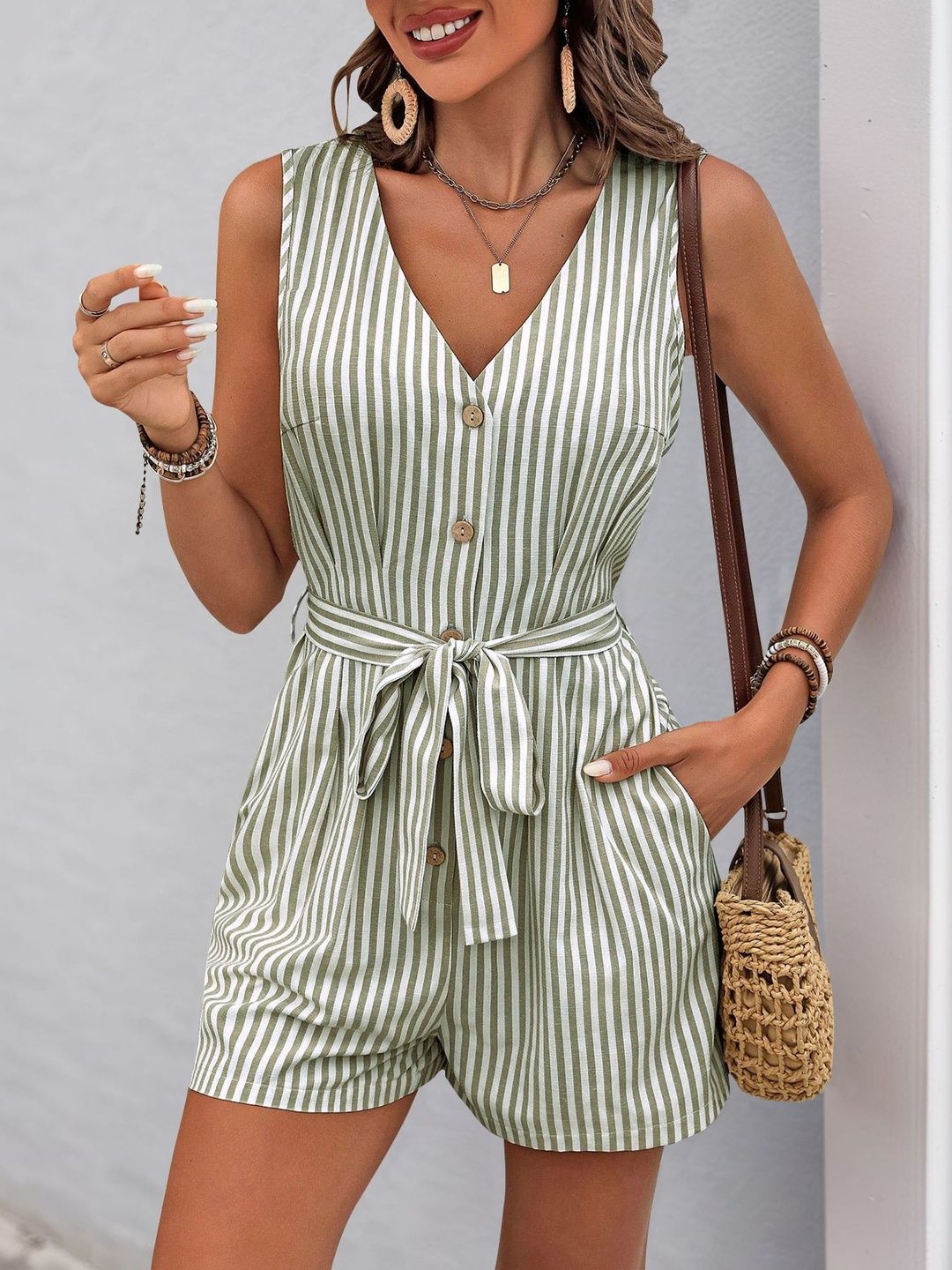 Striped Basic Jumpsuit in Green cotton - Nowi Korean Fashion