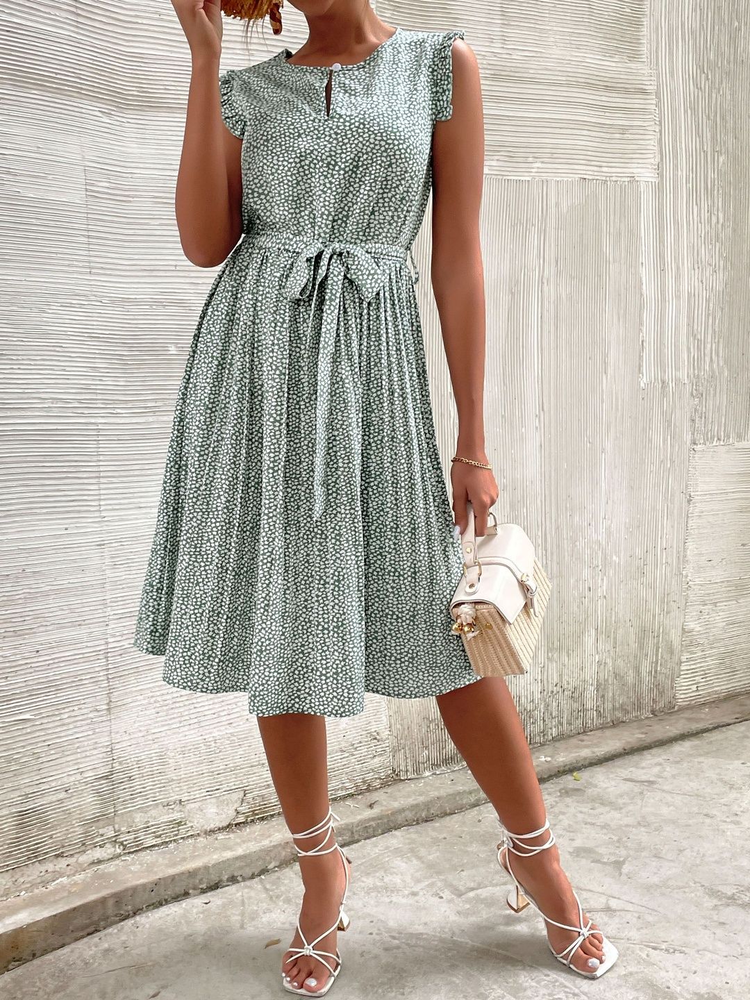 Floral Print Flutter Sleeve Fit & Flare Midi Dress