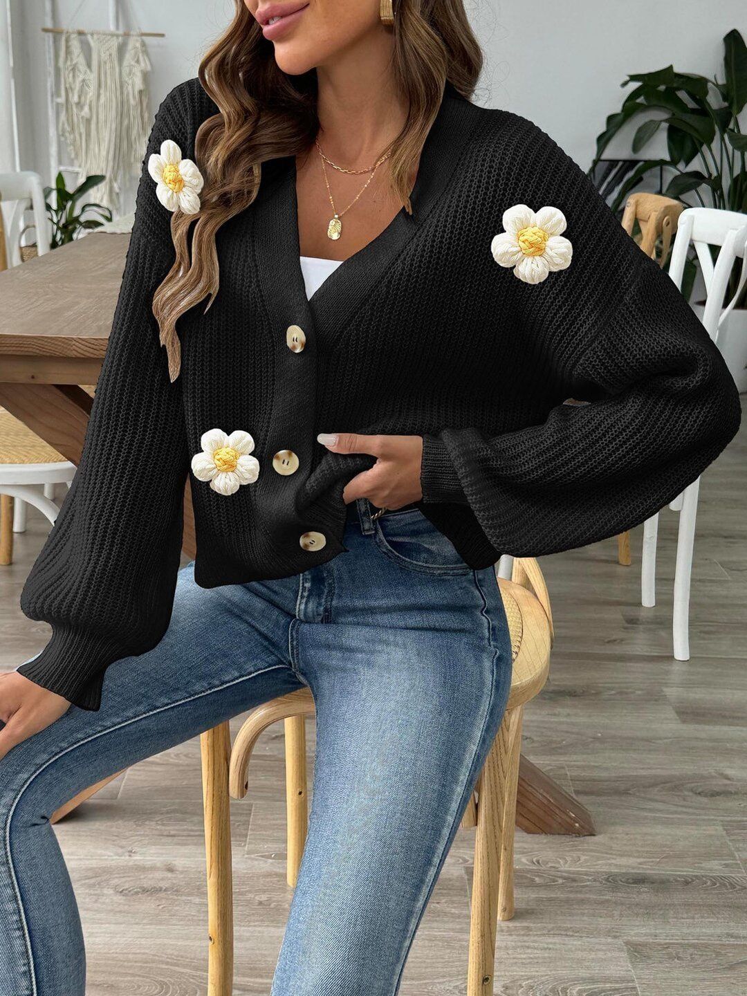 Women Ribbed Cardigan with Applique Detail