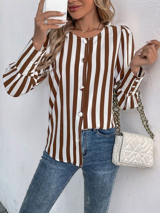 Striped Casual Shirt in Brown Cotton - Nowi Korean Fashion
