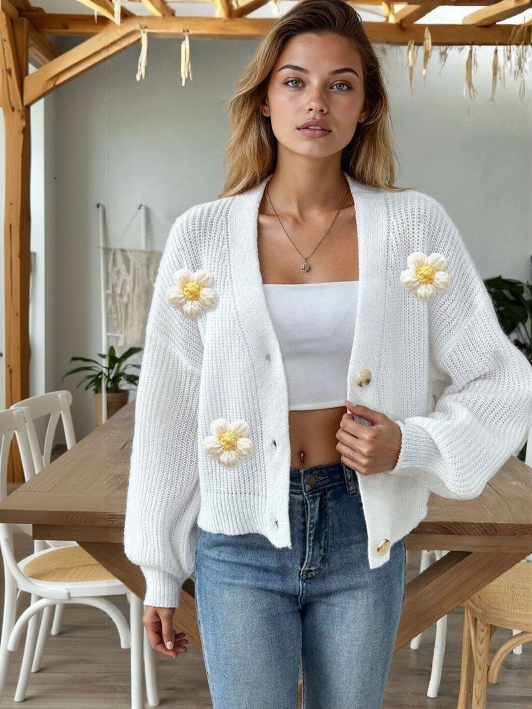 Women Ribbed Crop Cardigan with Applique Detail