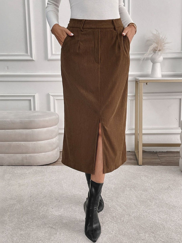 Midi Skirt With Front Split in Brown cotton - Nowi Korean Fashion