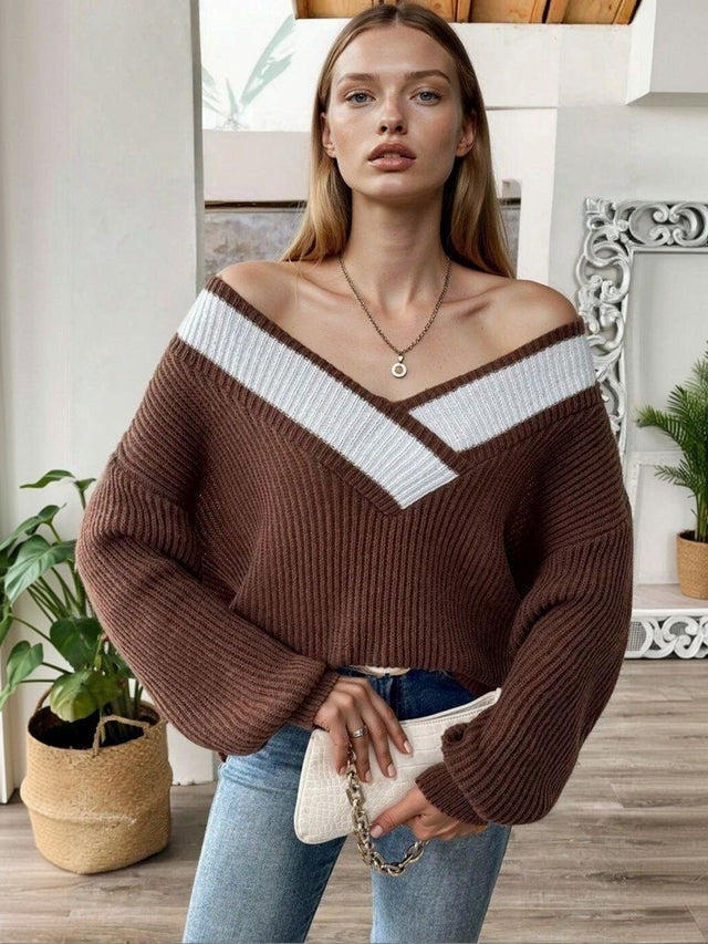 Colourblocked Pullover in Brown acrylic - Nowi Korean Fashion