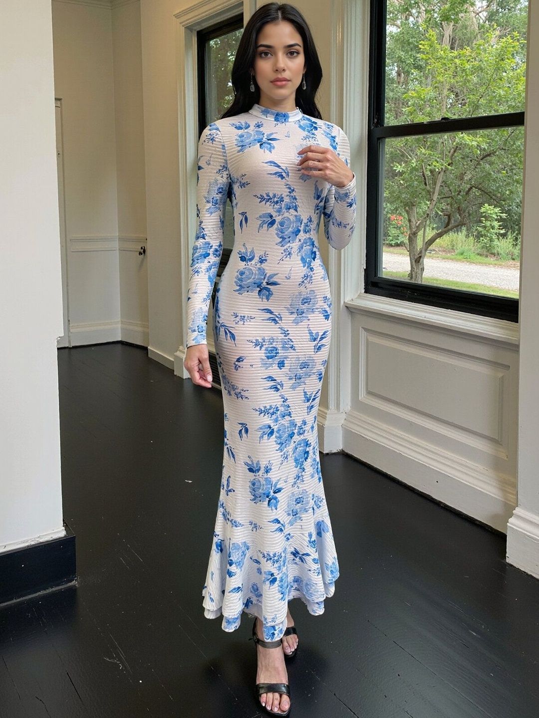 Floral Print Bodycon Maxi Dress in White polyester - Nowi Korean Fashion