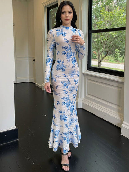Floral Print Bodycon Maxi Dress in White polyester - Nowi Korean Fashion