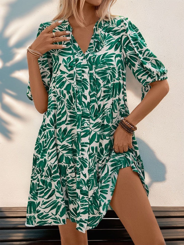Floral Print Puff Sleeve Mini Dress in Green cotton - Nowi Korean Fashion