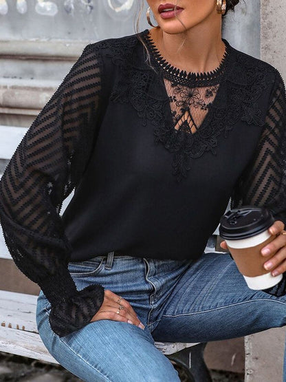 Women's Black Embellished Bishop Sleeves Ruffles Top